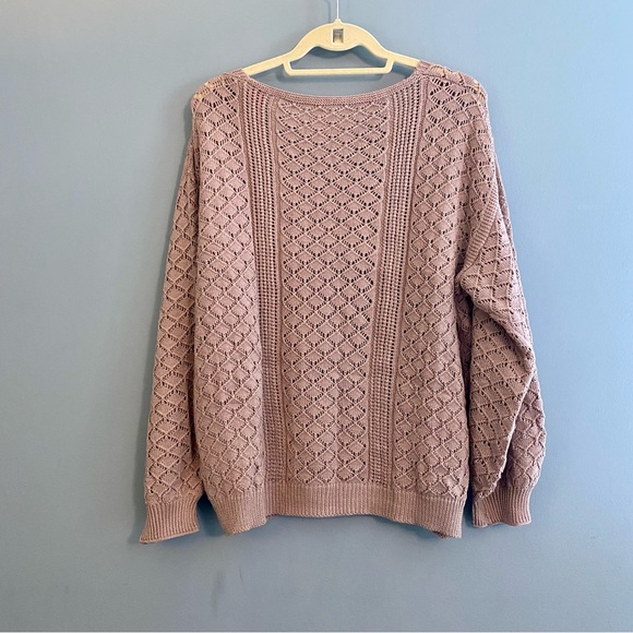 NWT PatPat Pointelle Open Weave V Neck Long Sleeve Sweater Mauve Beige S… - Picture 3 of 8